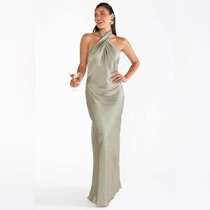 Show me your Mumu Jasmine Halter maxi dress size small, Moss green luxe satin